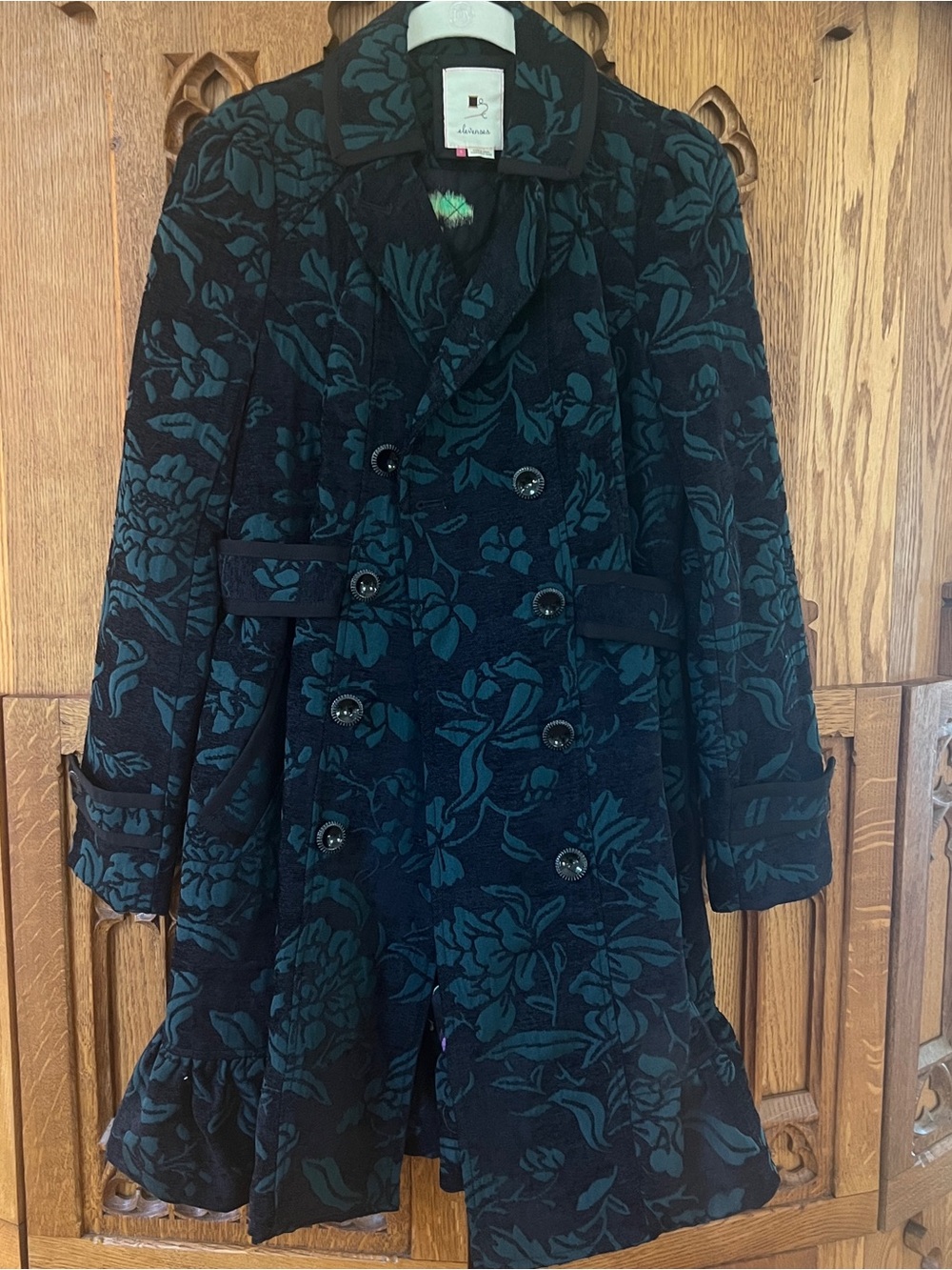 Anthropologie Black and Teal Floral Double-Breasted Coat.